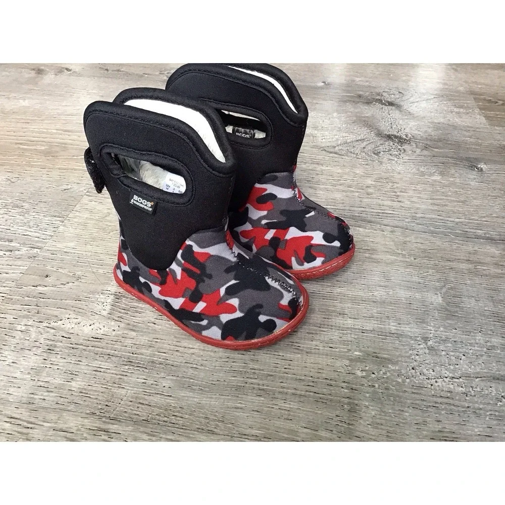 Baby Bogs Toddler Boy Boots Size 4 Rain Snow Red Black Camo Pull On Waterproof